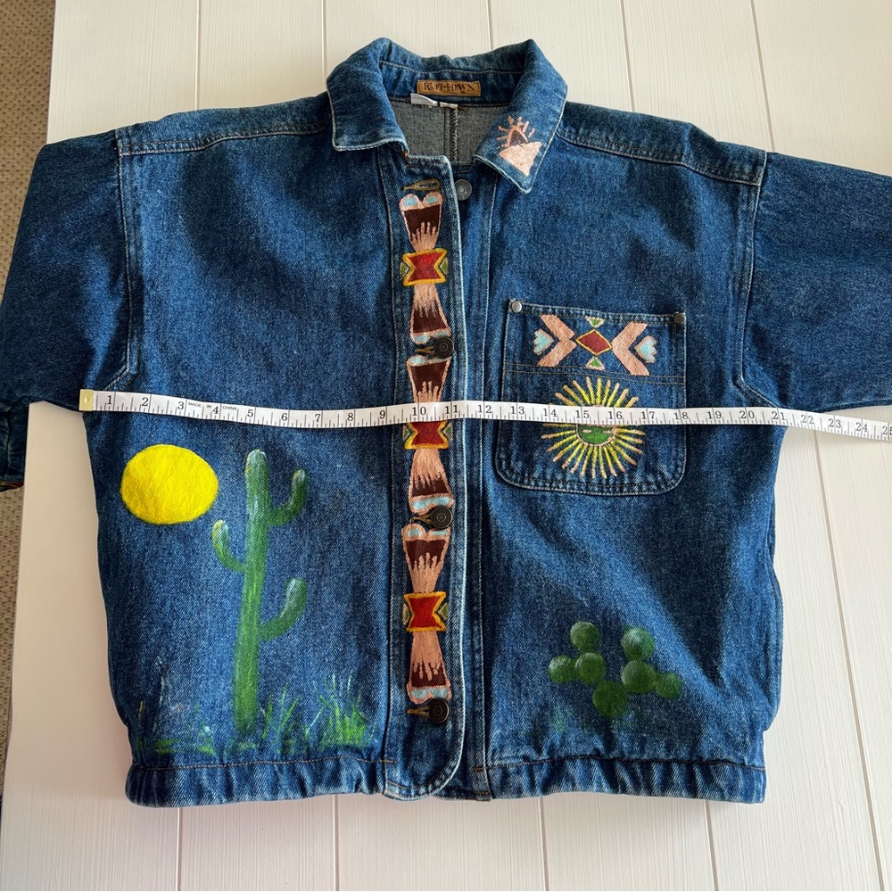 Hand Painted Vintage Ruff Hewn Denim Jean Jacket Southwest Aztec Desert Cactus S - Picture 13 of 16